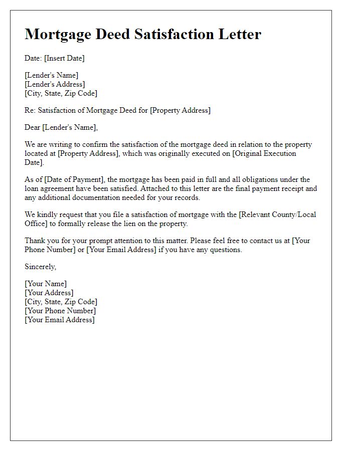 Letter template of mortgage deed satisfaction