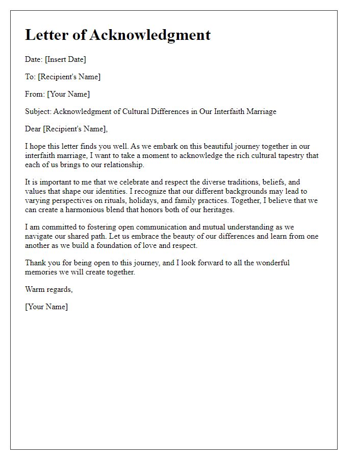 Letter template of acknowledgment of cultural differences in interfaith marriage