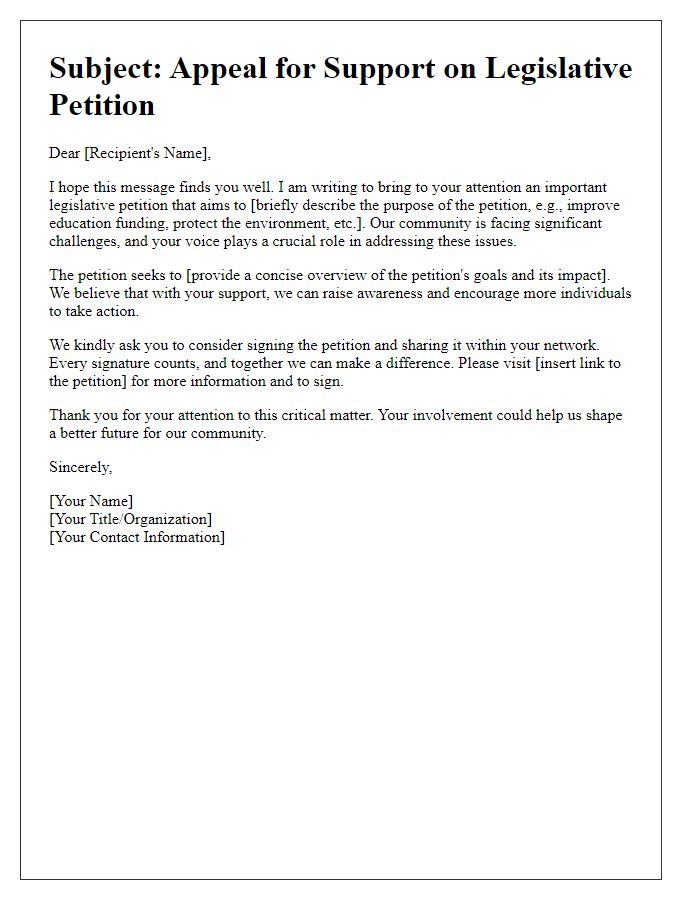 Letter template of appeal for legislative petition awareness