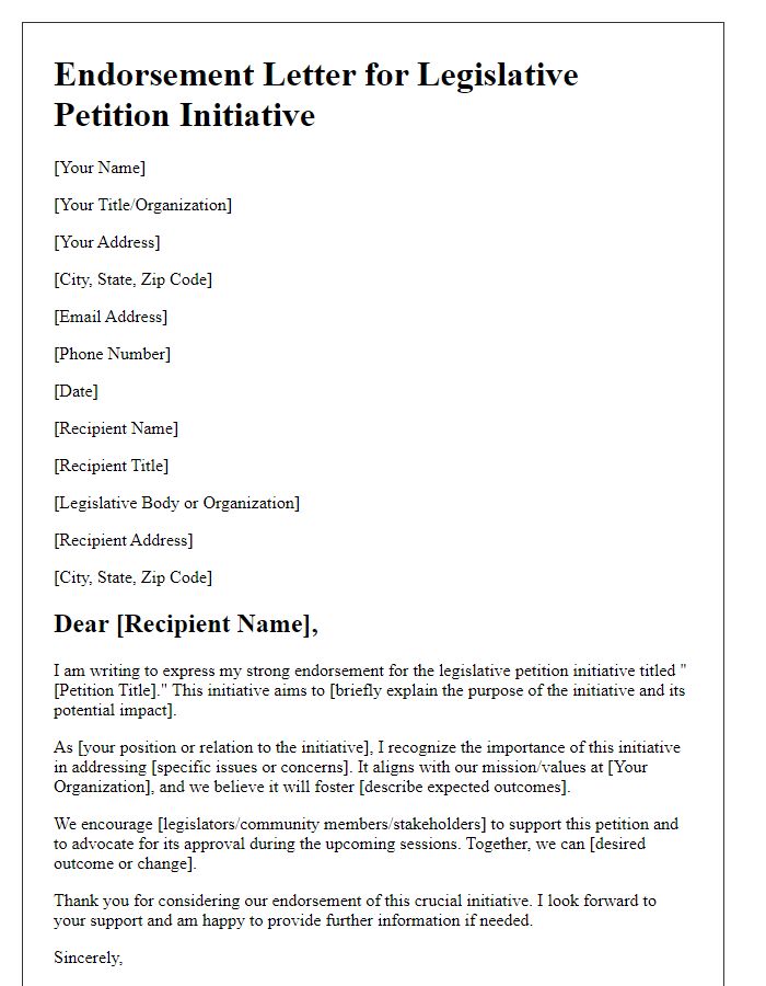 Letter template of endorsement for legislative petition initiative