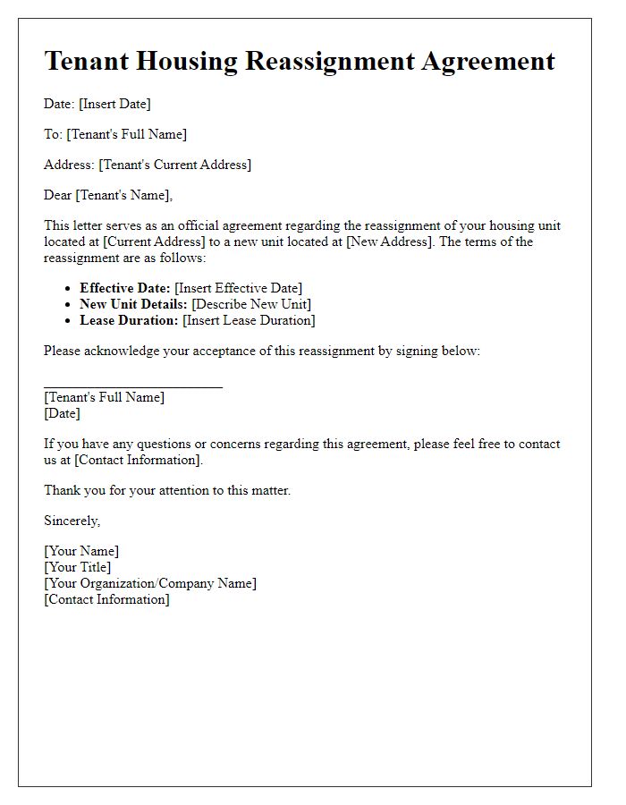 Letter template of tenant housing reassignment agreement