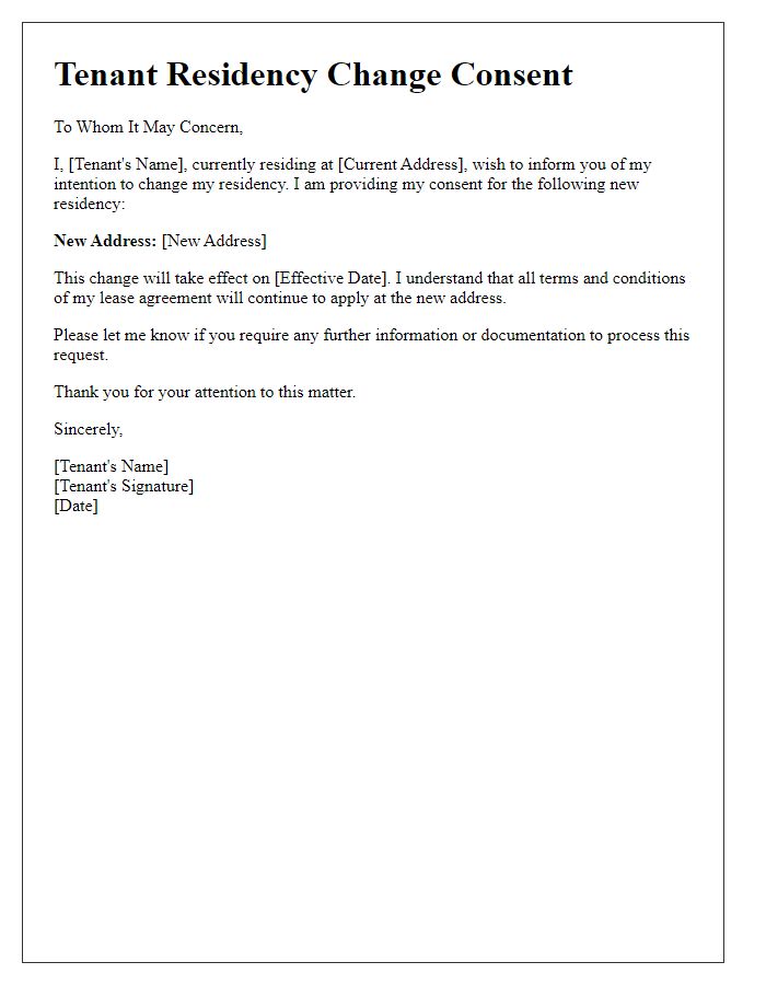 Letter template of tenant residency change consent