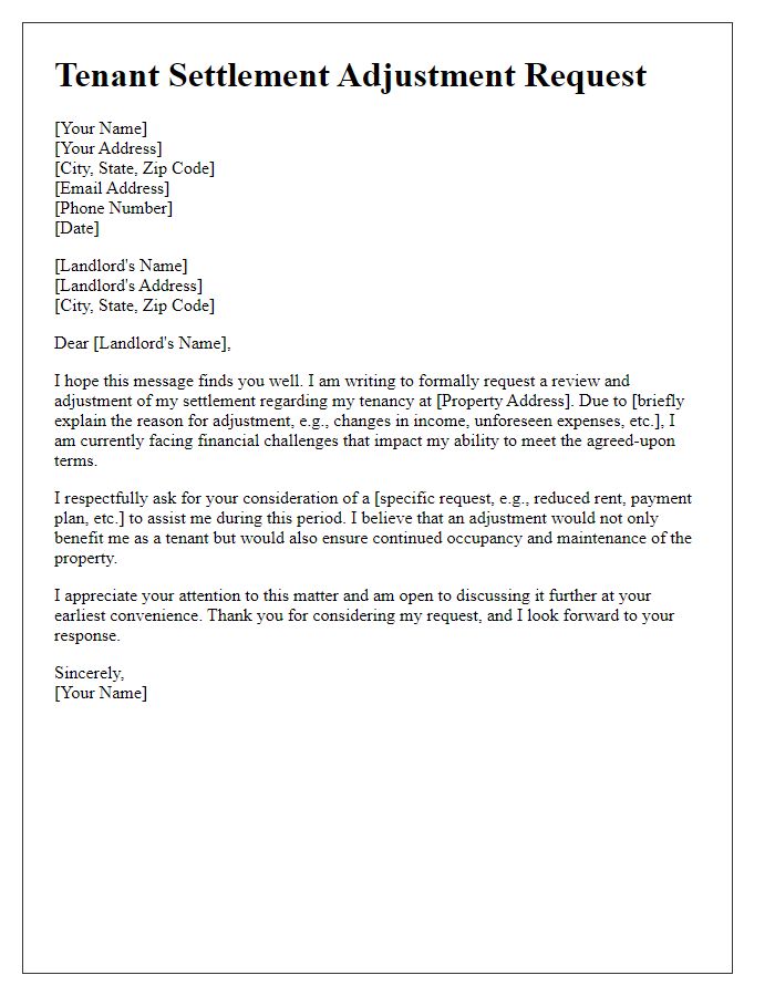 Letter template of tenant settlement adjustment request