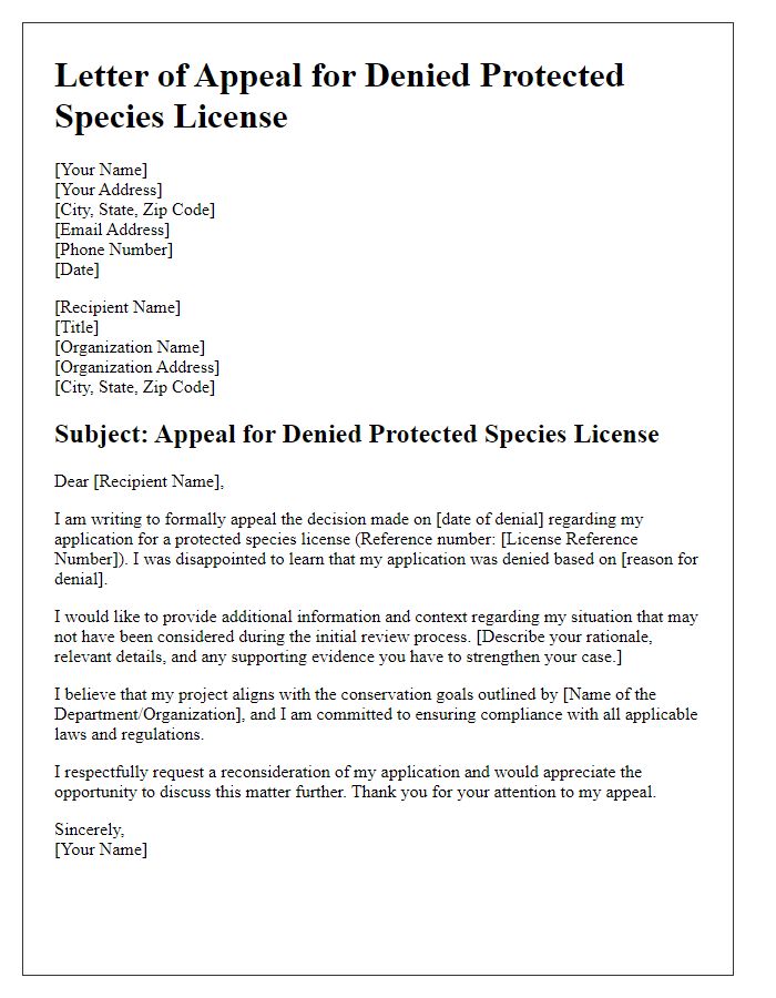 Letter template of appeal for denied protected species license.