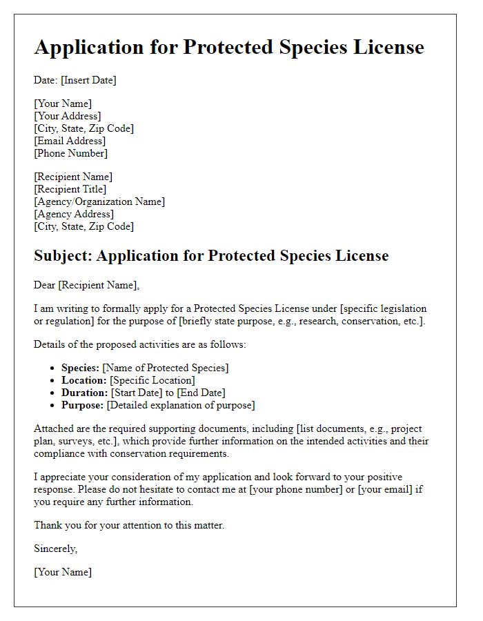 Letter template of application for protected species license.