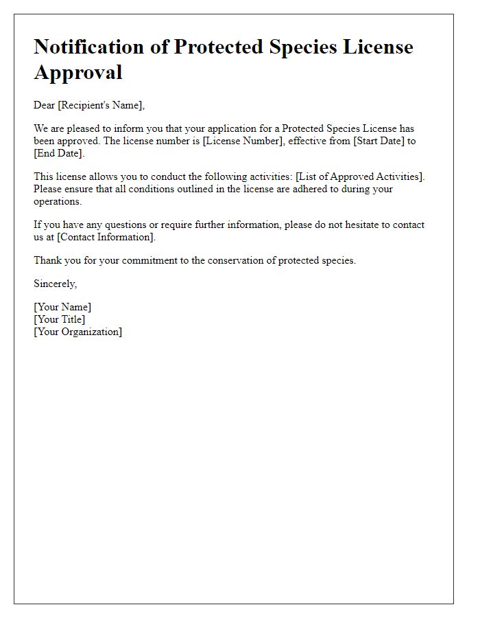 Letter template of notification regarding protected species license approval.