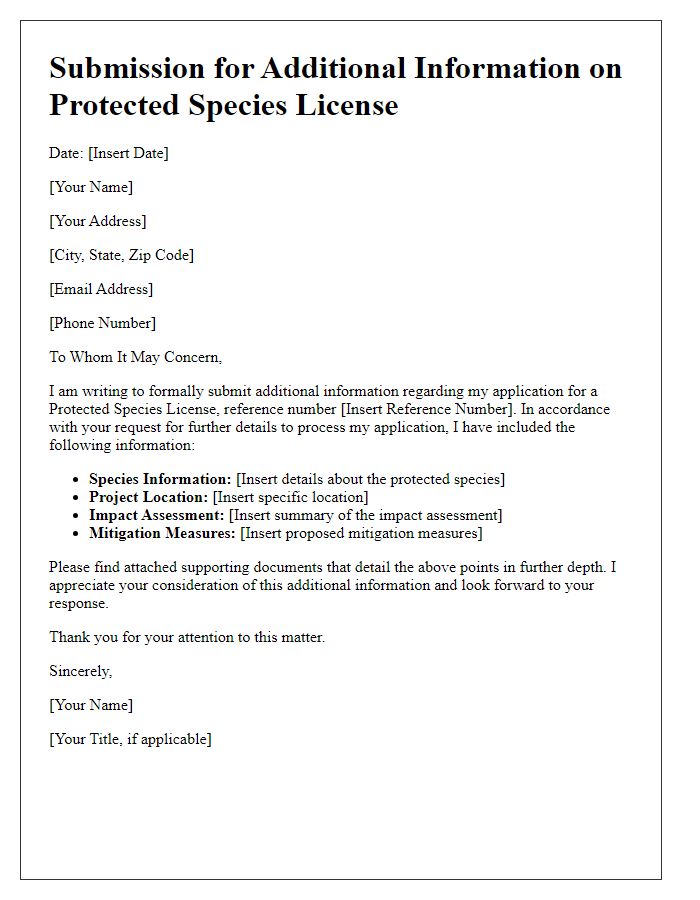 Letter template of submission for additional information on protected species license.