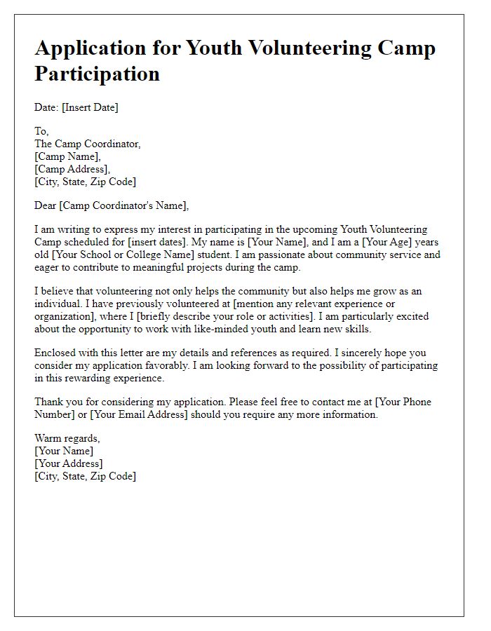 Letter template of application for youth volunteering camp participation