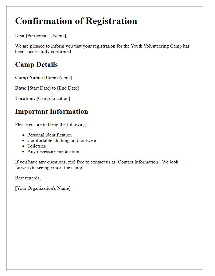 Letter template of confirmation of youth volunteering camp registration