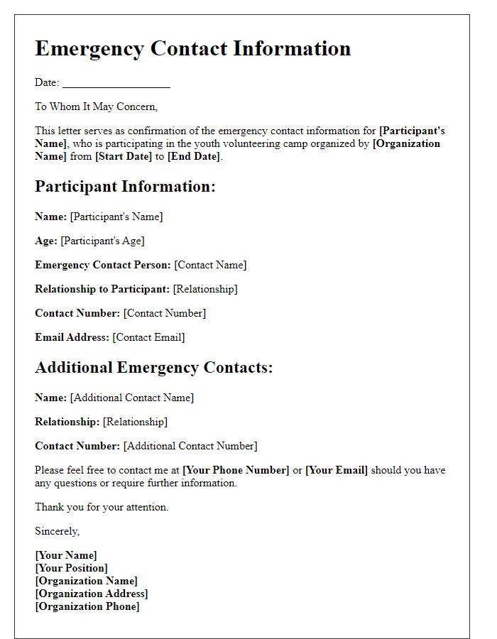 Letter template of emergency contact for youth volunteering camp participants