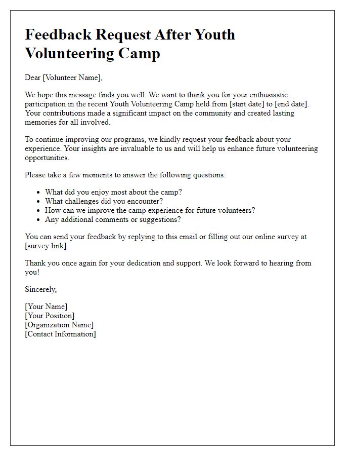 Letter template of feedback request after youth volunteering camp