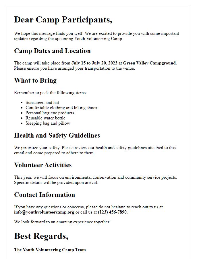 Letter template of information update for youth volunteering camp participants