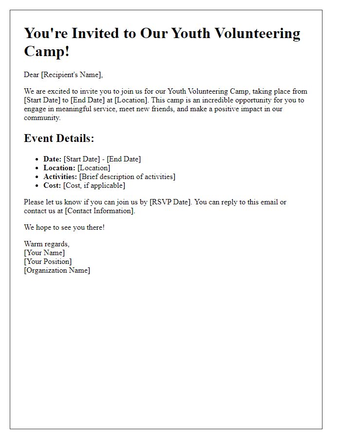 Letter template of invitation to youth volunteering camp