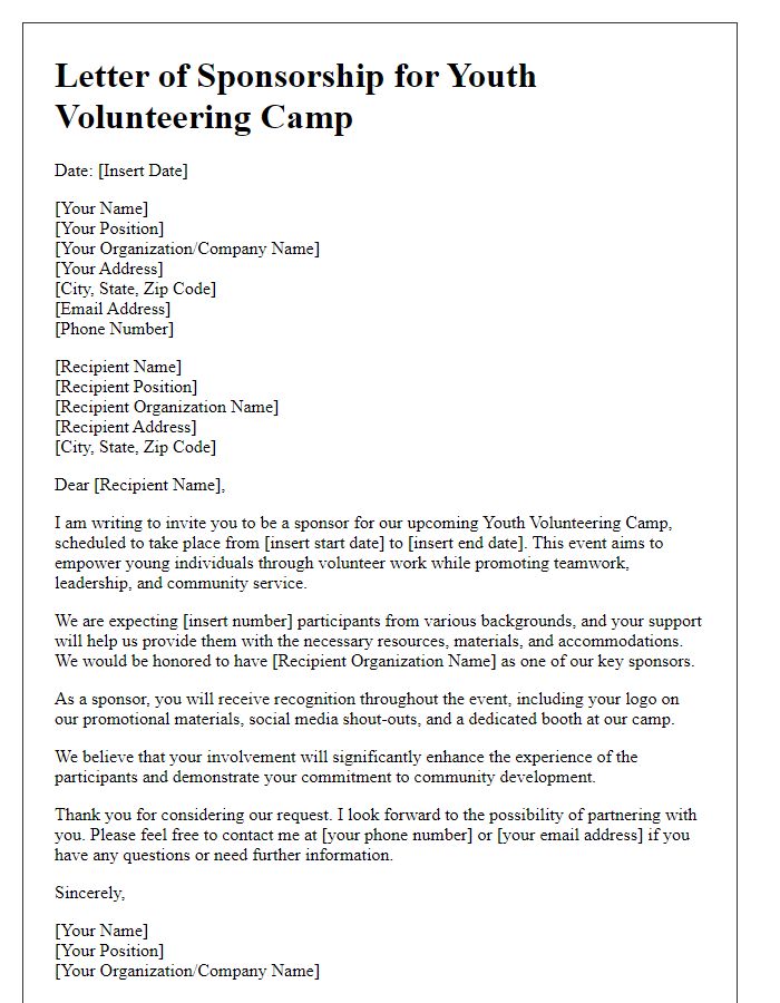 Letter template of sponsorship for youth volunteering camp