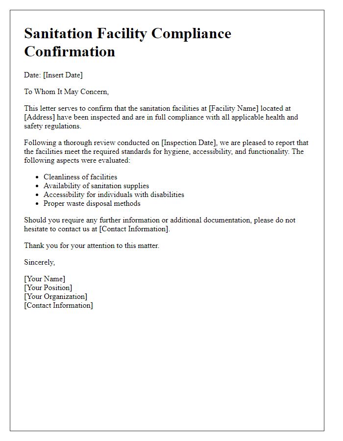 Letter template of sanitation facility compliance confirmation