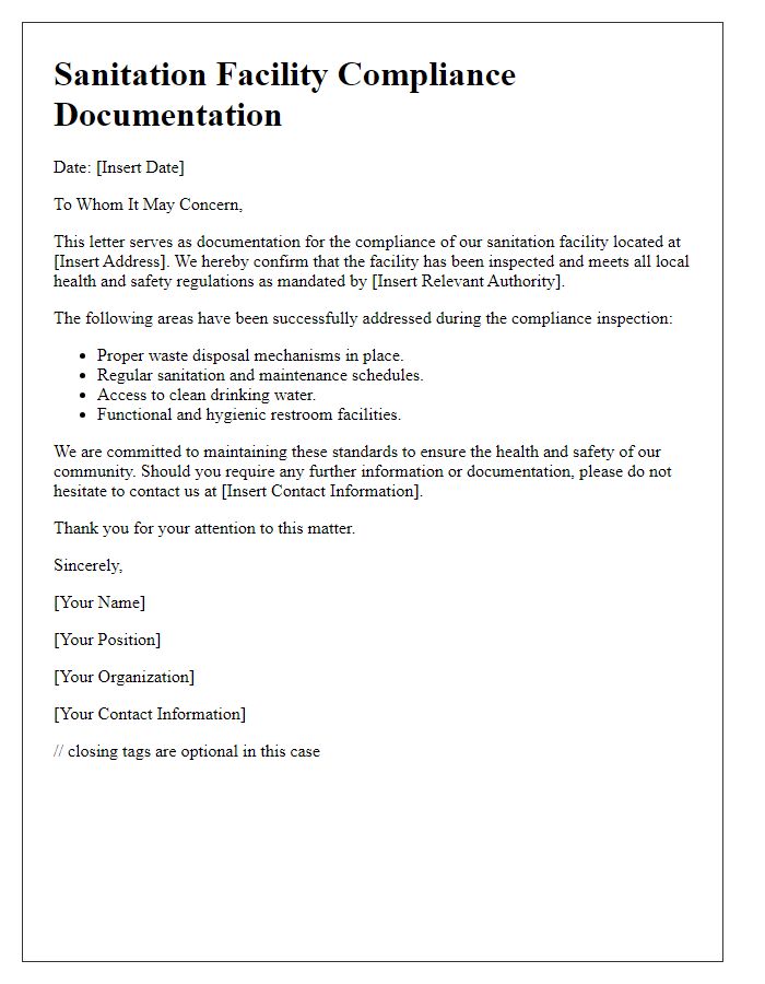 Letter template of sanitation facility compliance documentation