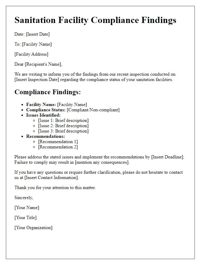 Letter template of sanitation facility compliance findings