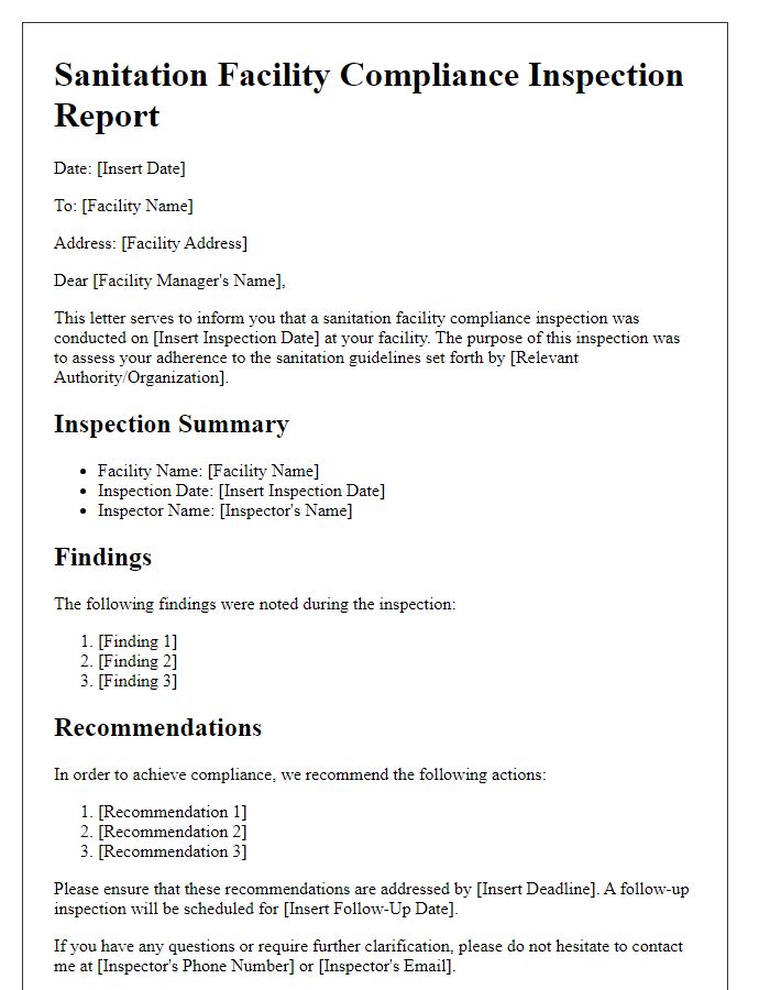 Letter template of sanitation facility compliance inspection