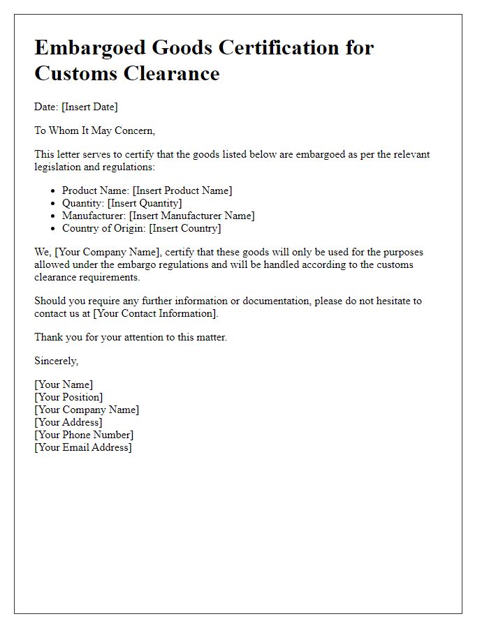 Letter template of embargoed goods certification for customs clearance