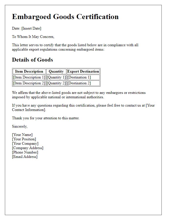 Letter template of embargoed goods certification for export documentation