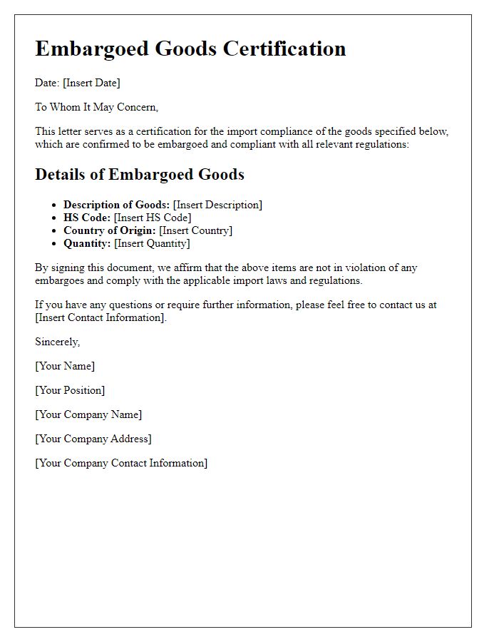 Letter template of embargoed goods certification for import compliance