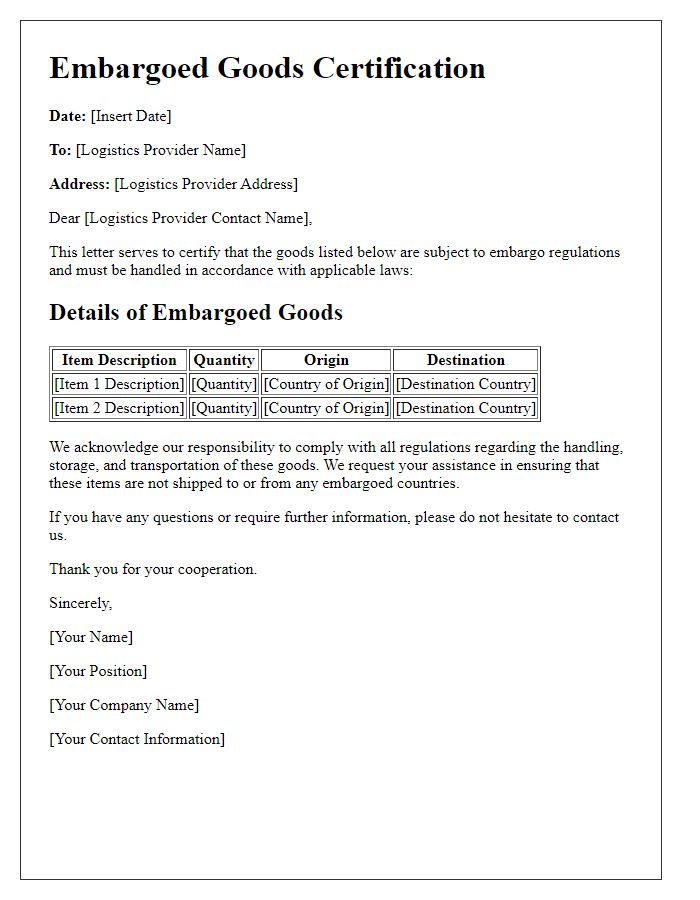 Letter template of embargoed goods certification for logistics providers