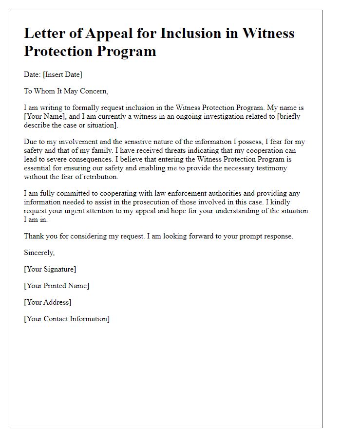 Letter template of appeal for inclusion in witness protection program