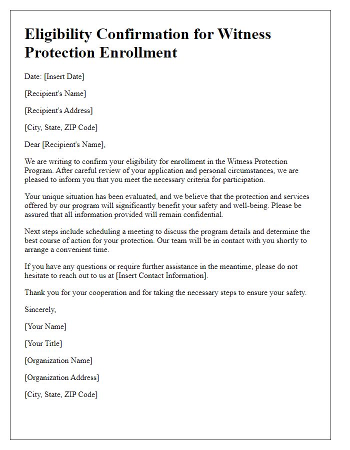 Letter template of eligibility confirmation for witness protection enrollment