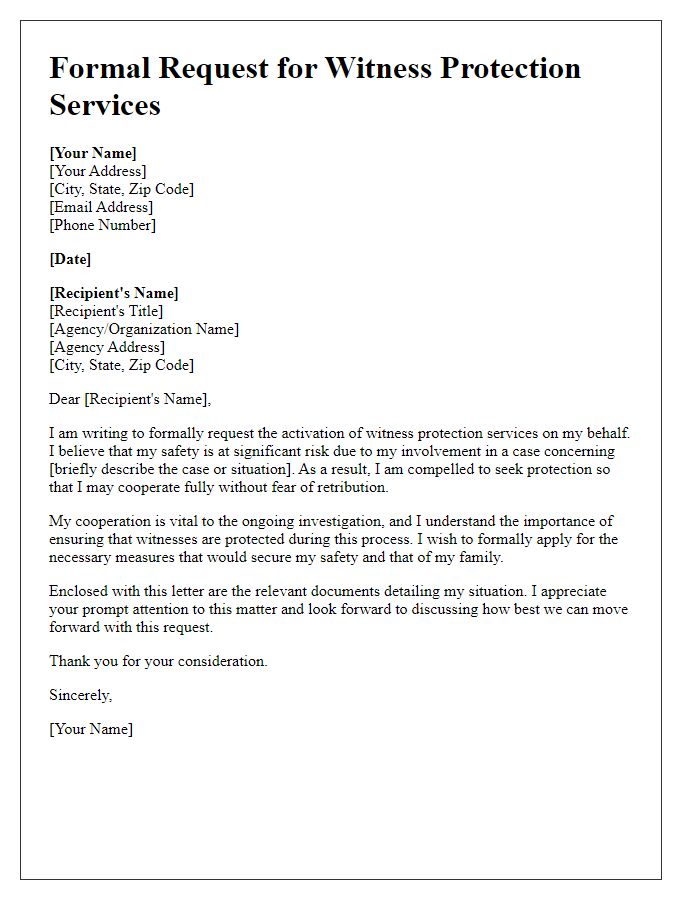 Letter template of formal request for witness protection services