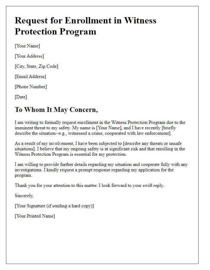 Letter template of request for witness protection enrollment