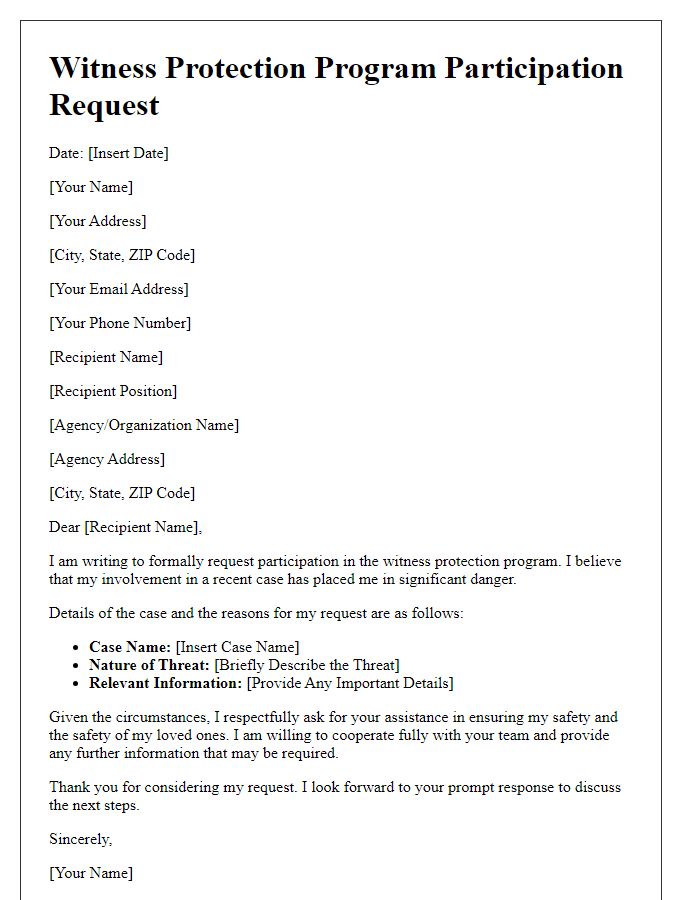 Letter template of witness protection program participation request