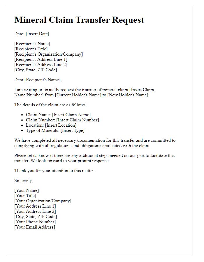 Letter template of mineral claim transfer request