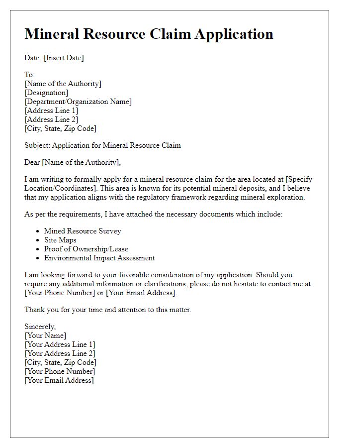 Letter template of mineral resource claim application