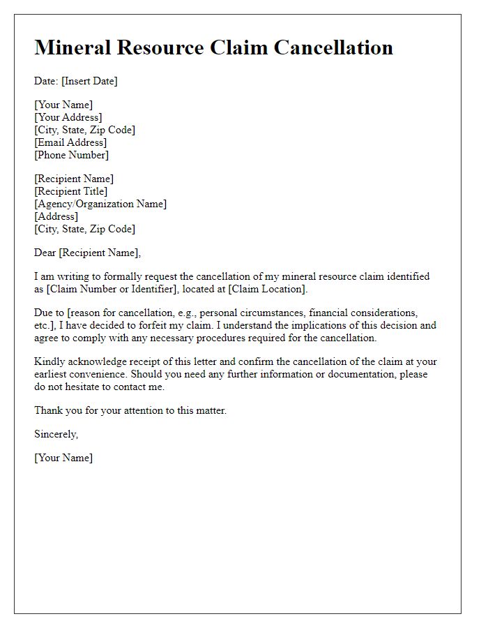 Letter template of mineral resource claim cancellation