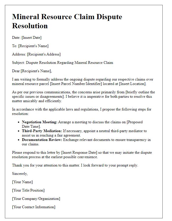 Letter template of mineral resource claim dispute resolution