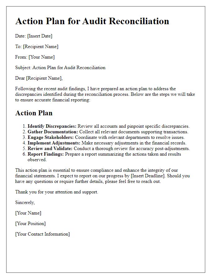 Letter template of action plan for audit reconciliation