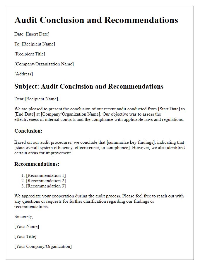 Letter template of audit conclusion and recommendations