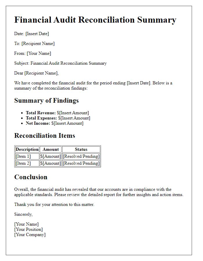 Letter template of financial audit reconciliation summary