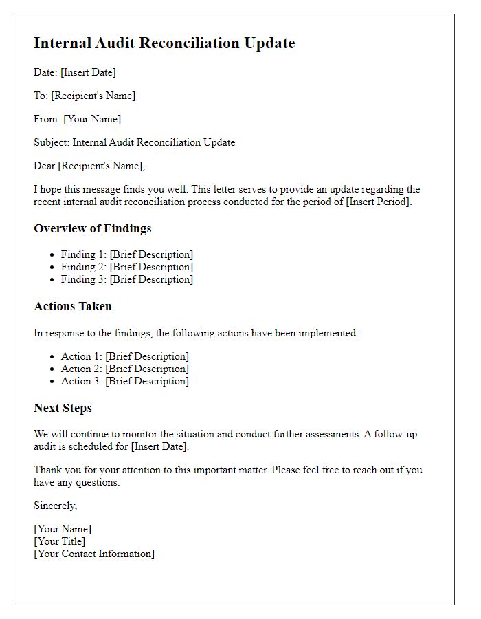 Letter template of internal audit reconciliation update