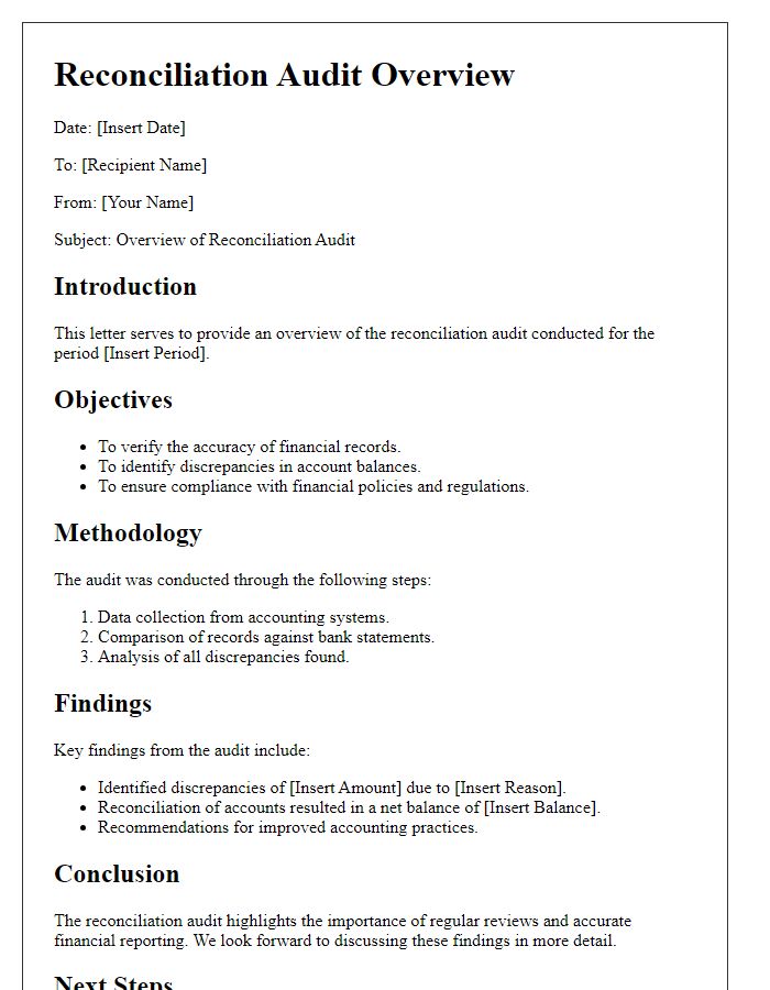 Letter template of reconciliation audit overview