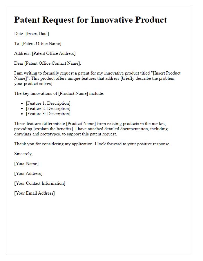 Letter template of innovative product patent request