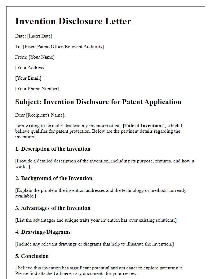 Letter template of invention disclosure for patent application