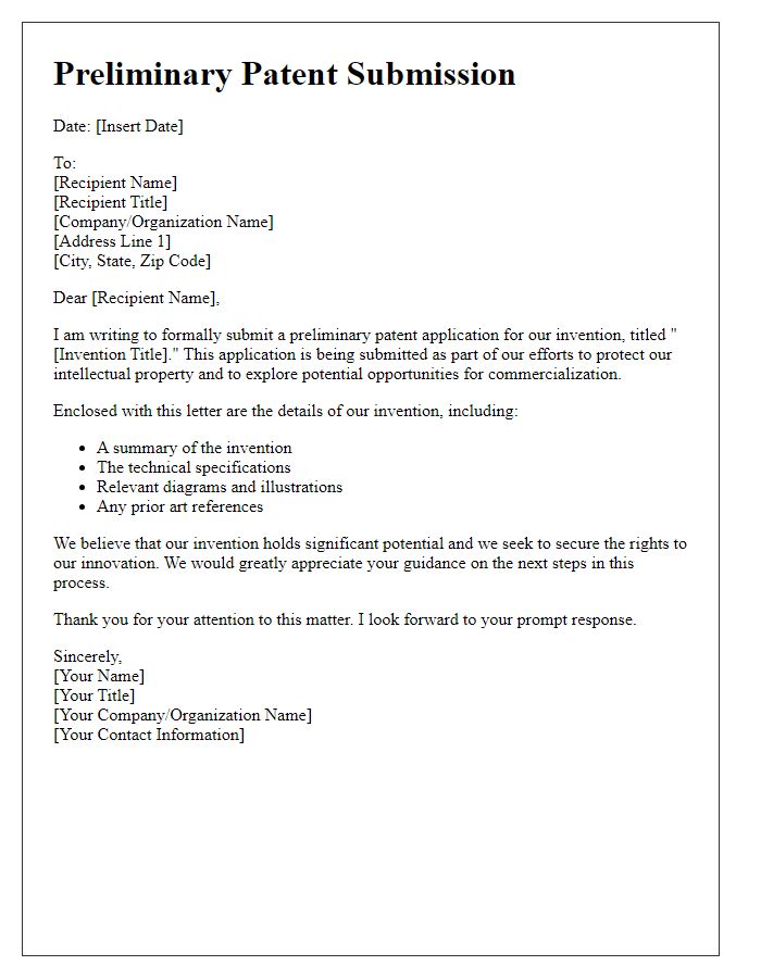 Letter template of preliminary patent submission