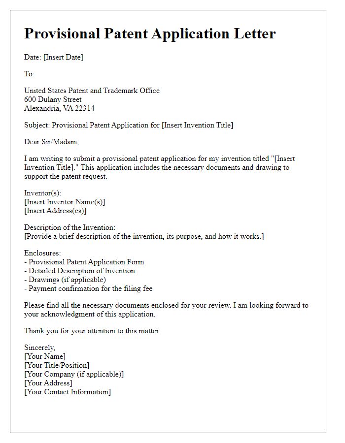 Letter template of provisional patent application