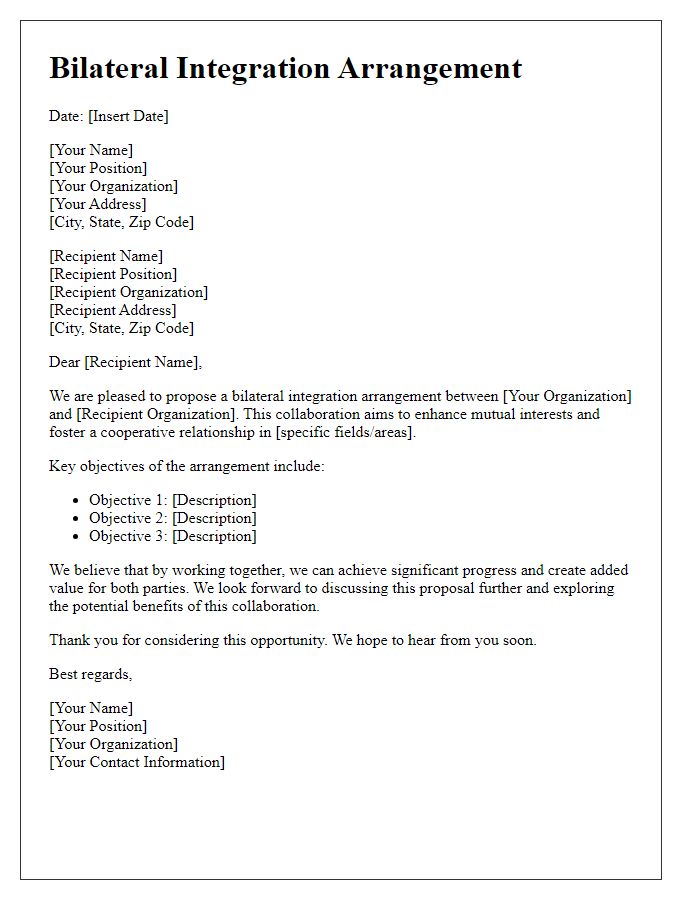 Letter template of bilateral integration arrangement