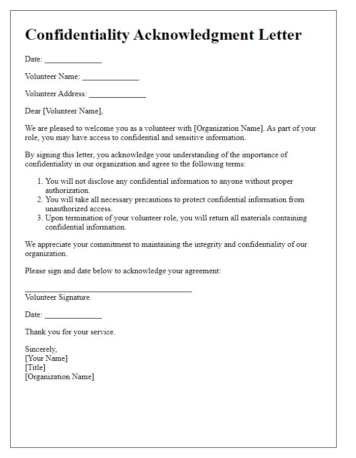 Letter template of Confidentiality Acknowledgment for Volunteers