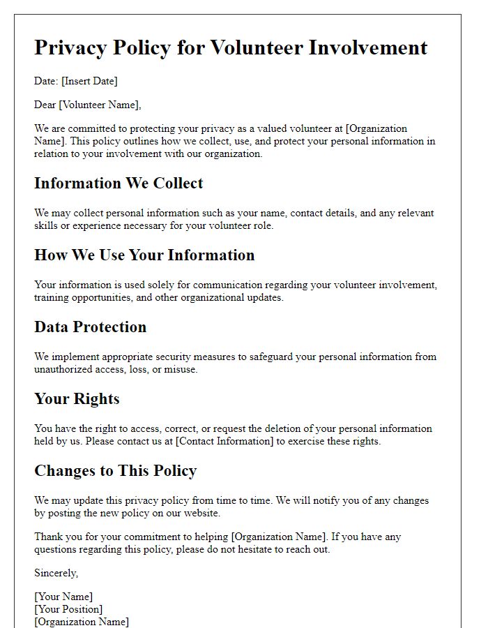 Letter template of Privacy Policy for Volunteer Involvement