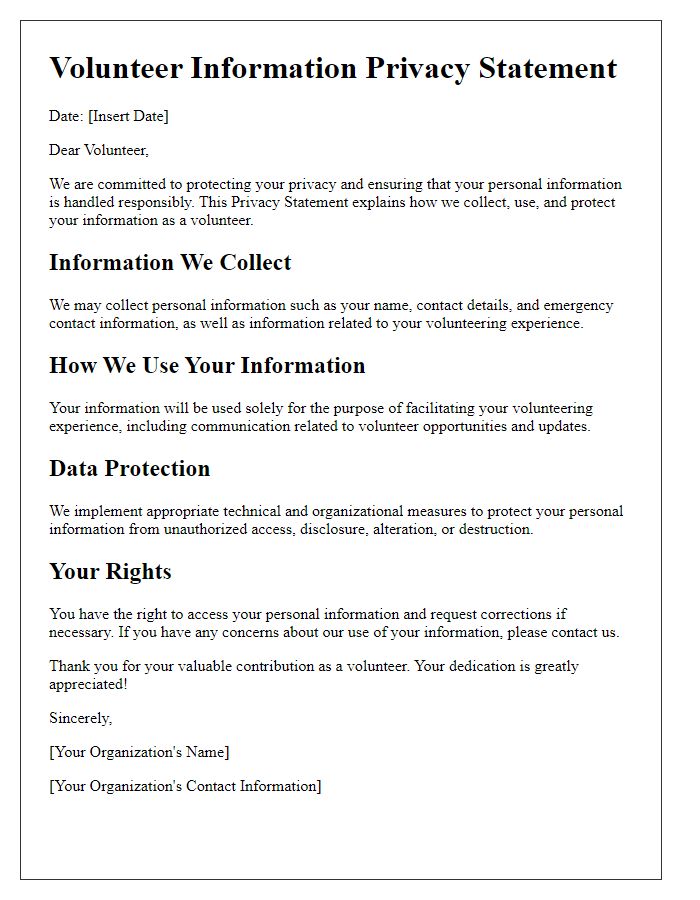 Letter template of Volunteer Information Privacy Statement