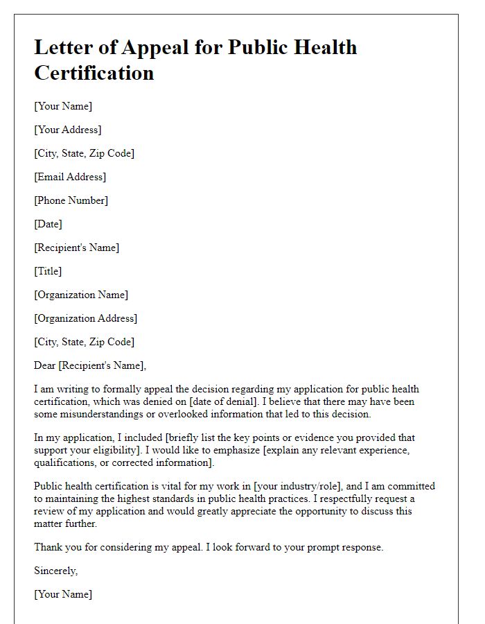 Letter template of appeal for public health certification.