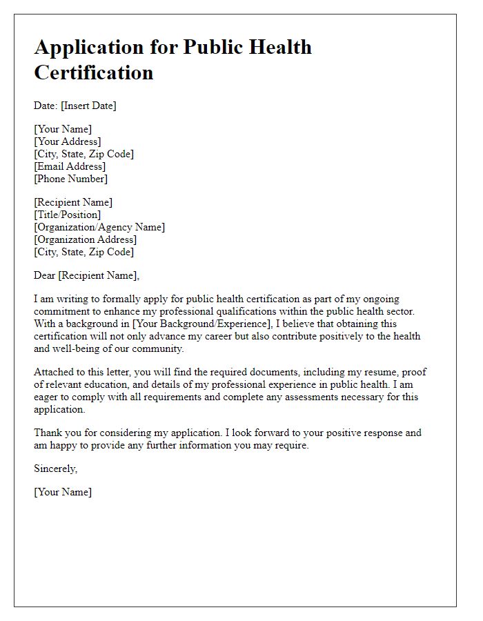 Letter template of application for public health certification.